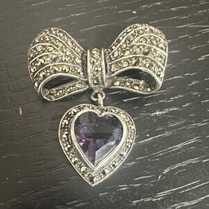 Marcasite Silver Bow Pendant with Purple amethyst Heart Gem